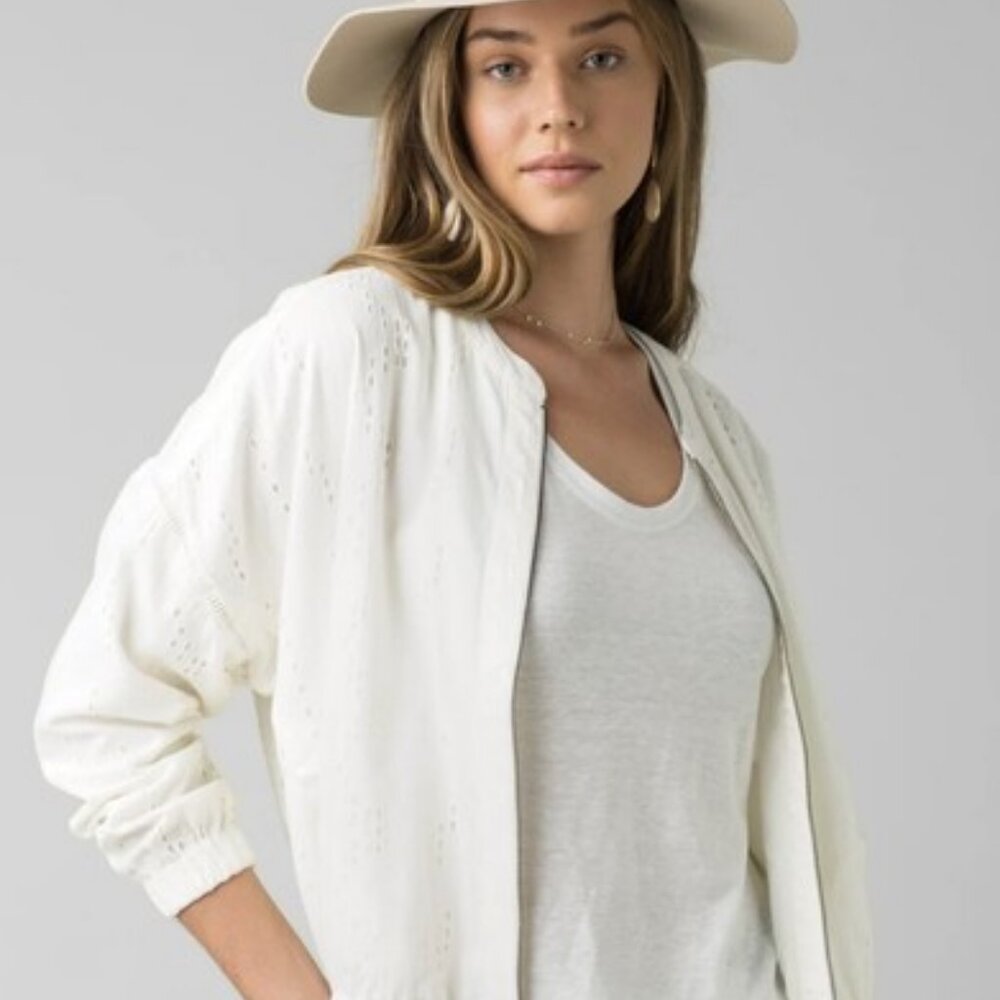 Prana Barlow White Organic Cotton Eyelet Bomber Zipper Jacket Women's Medium M